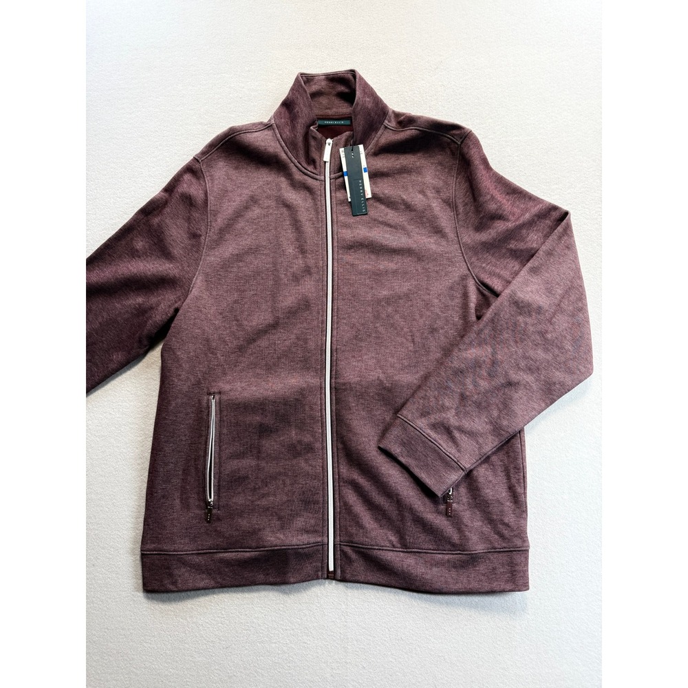 Perry Ellis Full Zip Jacket Mens XL Slim Fit Burgundy Mock Neck Long Sleeve